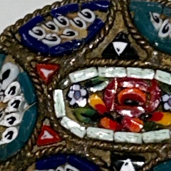 Vintage IMicro Mosaic Oval Brooch Floral  Gold-Tone C-Clasp Made in Italy - Picture 7 of 16